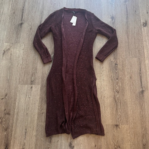 White House Black Market “Sequin Duster” Deep Burgundy Long Cardigan Sweater - Picture 2 of 8